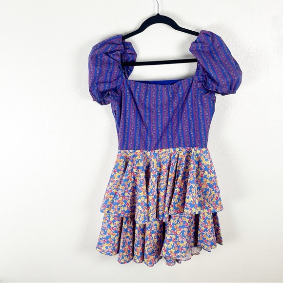 CAROLINE CONSTAS Louisa Floral Tiered Puff Sleeves Mini Dress, Size Medium - Picture 1 of 8